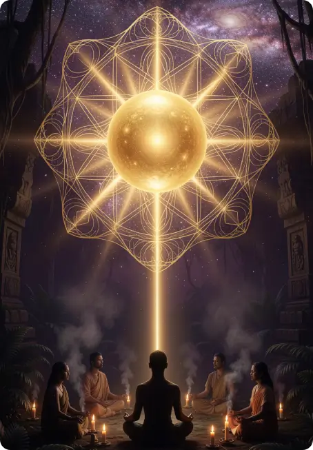Glowing golden orb representing the divine source with sacred geometry, a meditating figure, and a spiritual ceremony circle under a cosmic night sky